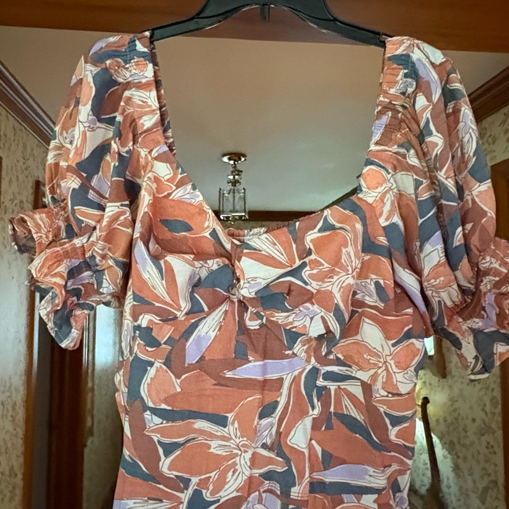Nine West Floral Puff Sleeve Blouse - Orange, White, Blue